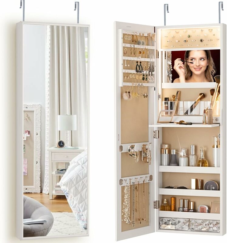 LUXFURNI Mirror Jewelry Armoire Cabinet with Storage, Door Hanging/Wall Mounted Cabinet Organizer with Lighted, Built-in Makeup