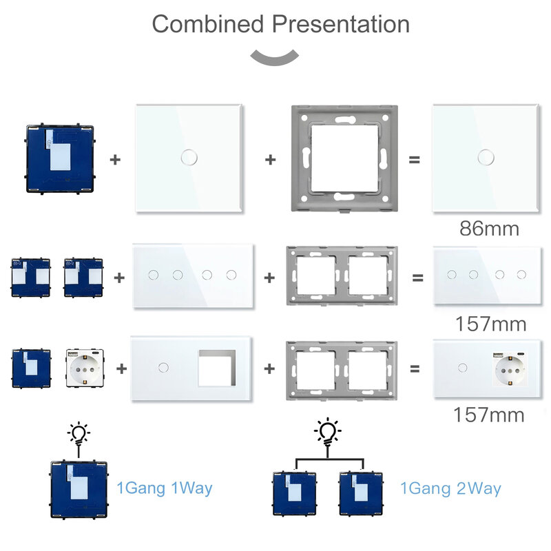 BSEED 1/2/3Gang Smart Zigbee Switches Function Part Touch Glass Front Panel EU Wall Socket Smart Plug DIY Parts Free Combination