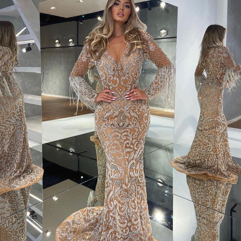 Sexy Kleid Damen Fischschwanz Abendkleid elegantes und sexy langes Kleid mit goldenen Quasten V-Ausschnitt Ausschnitt schmal geschnittenen Rock
