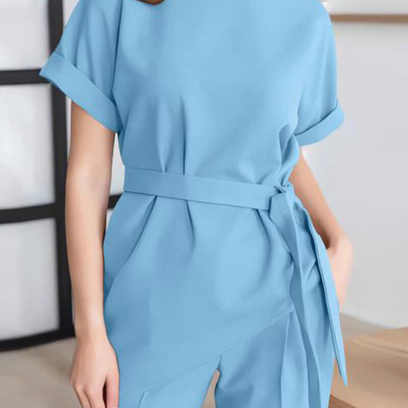 Setelan pakaian kantor wanita, dua potong baru 2024 leher bulat lengan pendek dengan sabuk atasan, celana pensil warna Solid