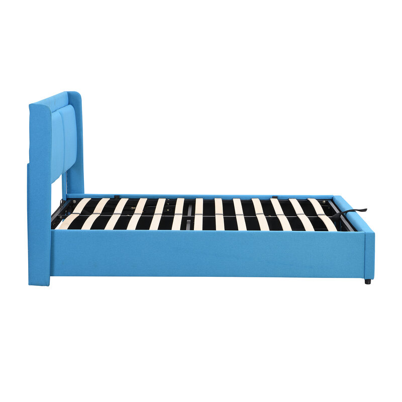 Rozmiar Queen do przechowywania tapicerowany łóżko z pełnymi bokami hydrauliczny z 2 szufladami, niebieski