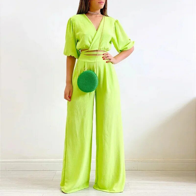 여성 브이넥 반팔 상의, 하이웨이스트 와이드 팬츠, 분위기 있는 팬츠 세트, 단색, 바캉스 패션, 2024 용수철