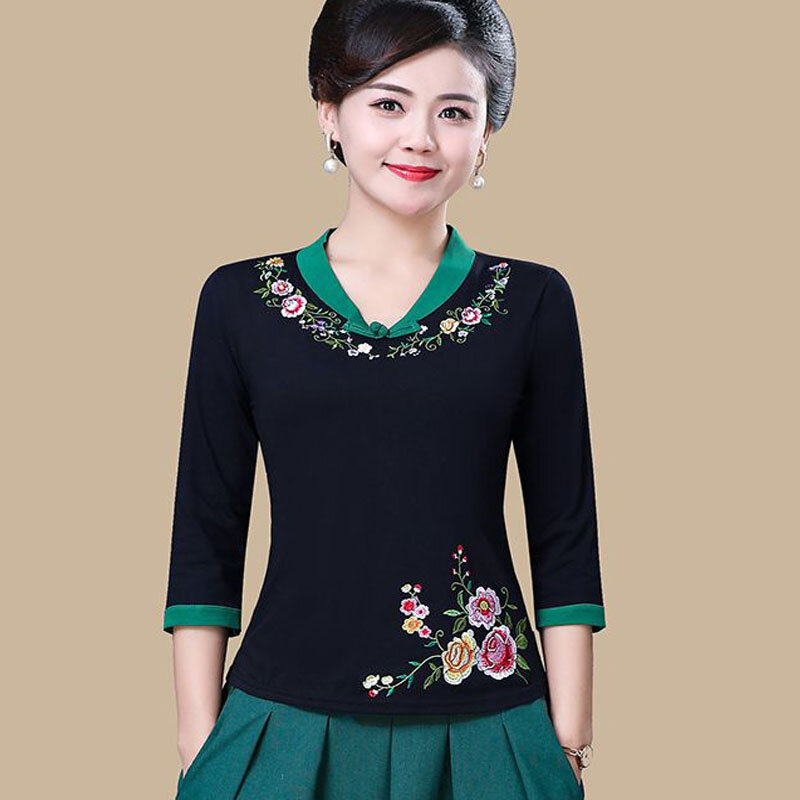 Cheongsam damskie bluzka w rozmiarze Plus Size 2024 letnie bawełniana haftowana z dekoltem w szpic tradycja kostium taneczny w stylu chińskim