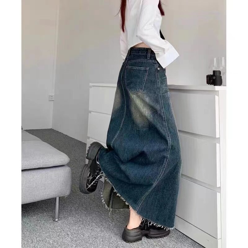 2022 корейская мода кавайные свободные до колен в стиле Харадзюку длинная юбка миди готические гранж джинсы юбки-Карандаш Макси