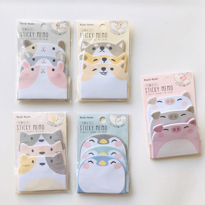 45Sheets/Pack Cartoon Sticky Notes Kawaii Penguin Pig Bear Cat Memo Pads Sticker Student Gifts Stationery School Office Supplies
