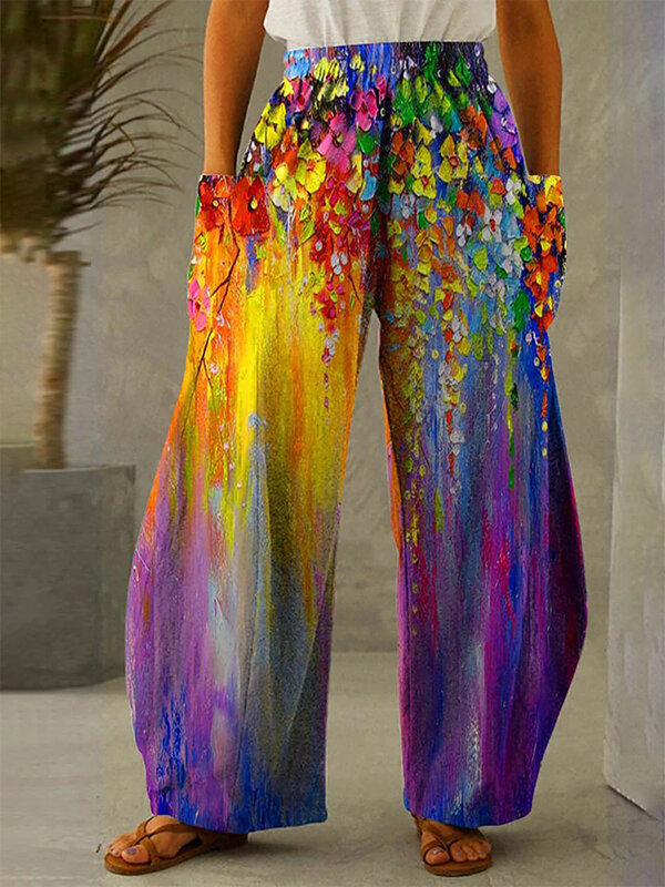 Arco-íris cachoeira perna larga calças impressas comprimento total fino hipster coreano moda verão streetwear sweatpants roupas femininas
