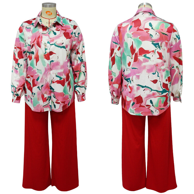 Odzież damska Plus Size jesienna z długim rękawem Top z nadrukiem szerokie nogawki dwuczęściowy zestaw ponadgabarytowych eleganckich garniturów