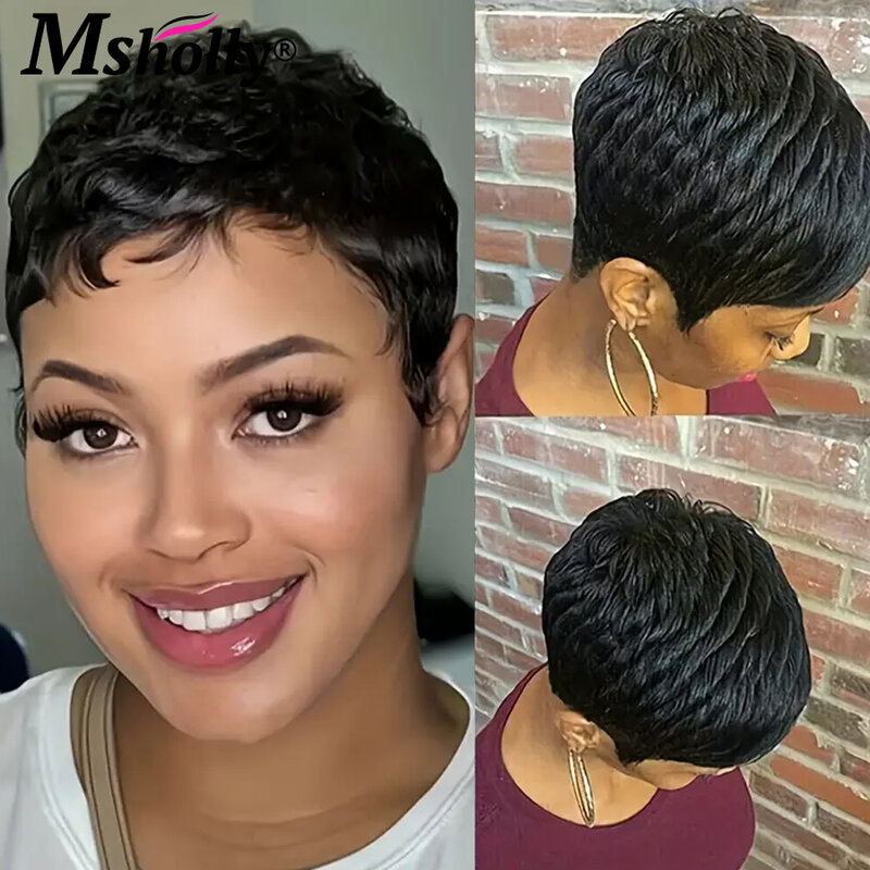 Glueuess-Peluca de cabello humano brasileño Remy para mujeres negras, corte Pixie, predesplumada corta, barata, hecha a máquina