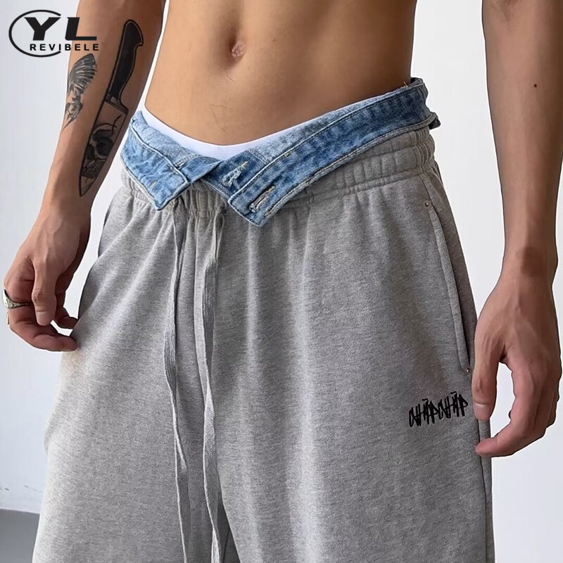 High Street Sweatpants Men Spring Patchwork Denim Fake Two Pieces Baggy Straight Pants Hip Hop Jogging Casual Wide Leg Trousers