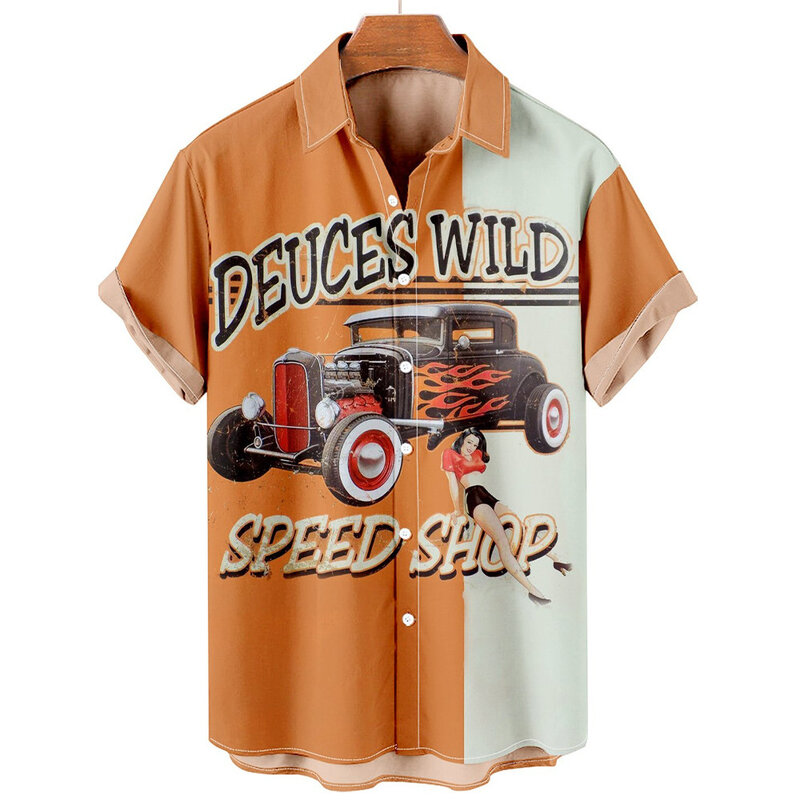 Camisa hawaiana con estampado 3D de coche para hombre, Camisa de manga corta con solapa de estilo informal, Top de playa para vacaciones de verano