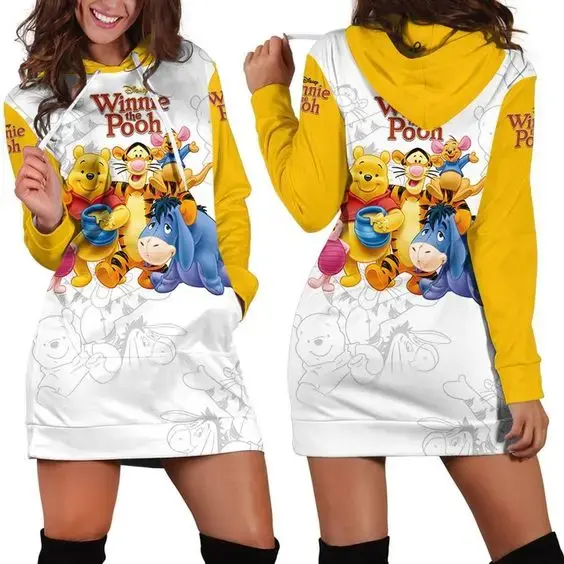 เสื้อสเวตเตอร์ Dress hoodie Disney Winnie The Pooh ชุดเดรสแฟชั่นเสื้อสเวตเตอร์3D ลายพิมพ์ทั้งหมดสำหรับผู้หญิง