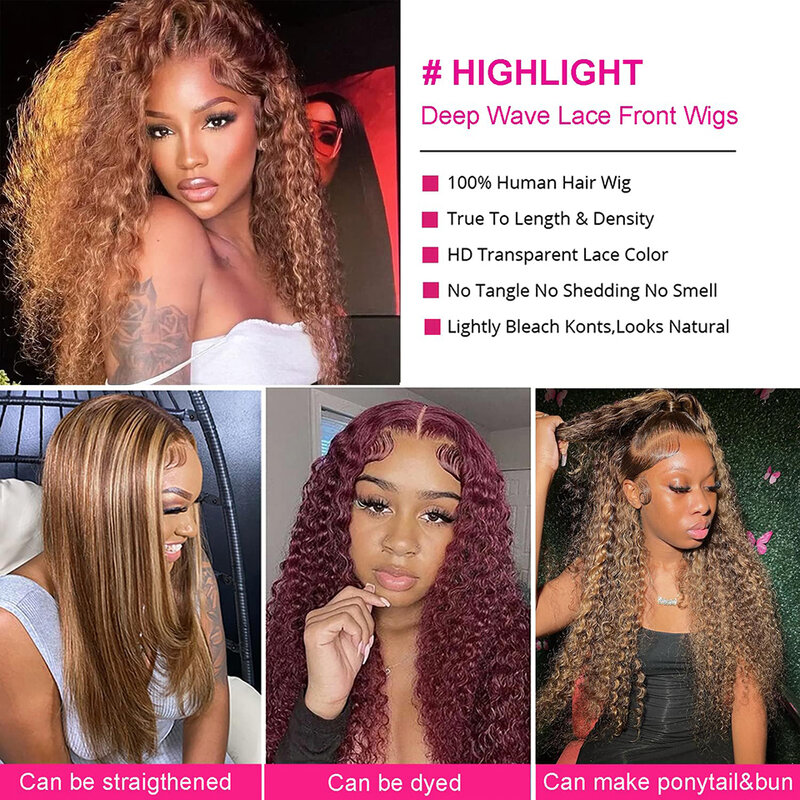 CUBIC Highlight Ombre Deep Curly Honey Blonde Lace Front Wigs Human Hair Pre Plucked with Baby Hair 4/27 13X4 HD Lace Front Wigs