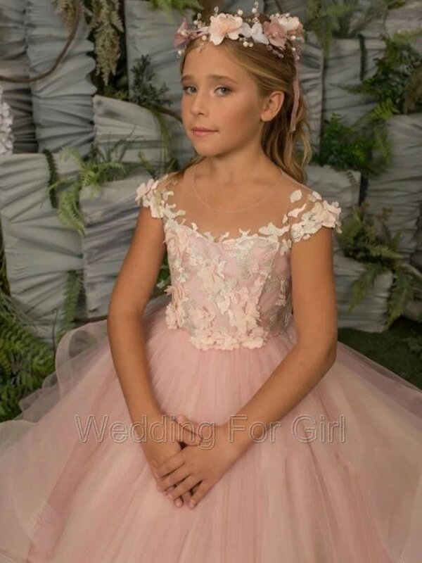 Pink Tiered Flower Girl Dress Floral Lace Applique Children Wedding Party Gowns New Kids Clothes Princess First Communion Gowns