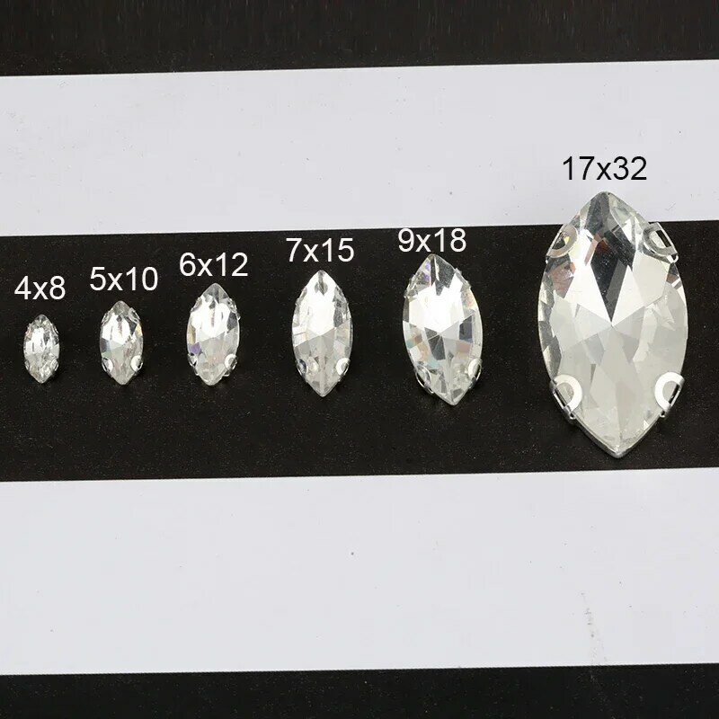 Resen venda em uma perda de prata com pedras de cristal, com parte traseira lisa, acessórios para vestuário, 4x8/6x1 2/7x15mm