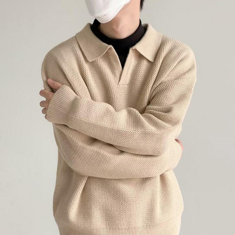 Suéter de malha solto masculino, pulôver casual, monocromático, tops de lapela, manga comprida, outono, inverno
