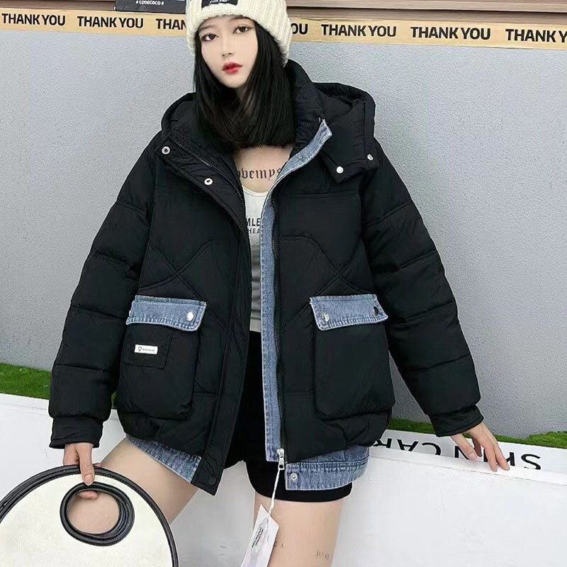 New Women's Denim Splicing Down Jacket Autumn Winter Warm Jackets 90% White Duck Down Coat Female Cold Hooded Parker Outerwear