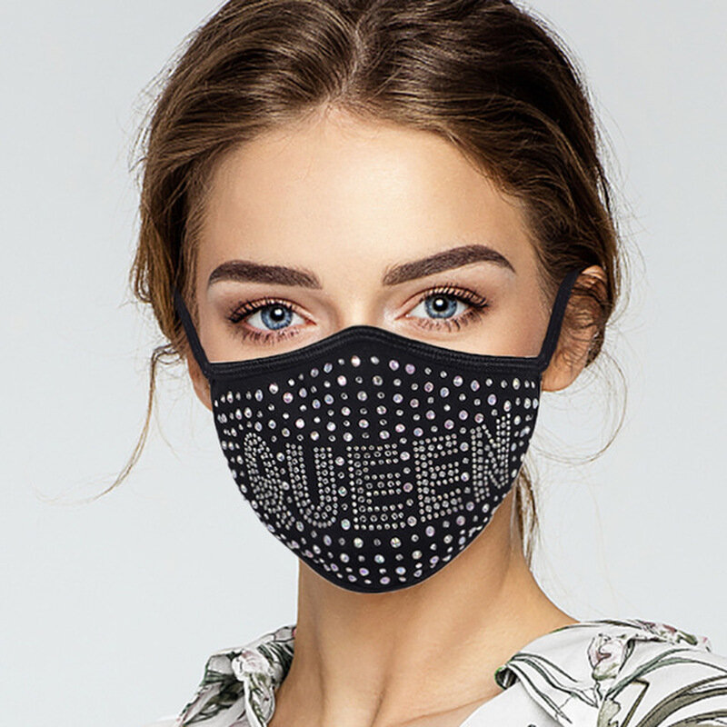 Máscara de poeira de strass de algodão puro com máscara de pano de diamante pode ser inserido filtro preto pendurado máscara de orelha