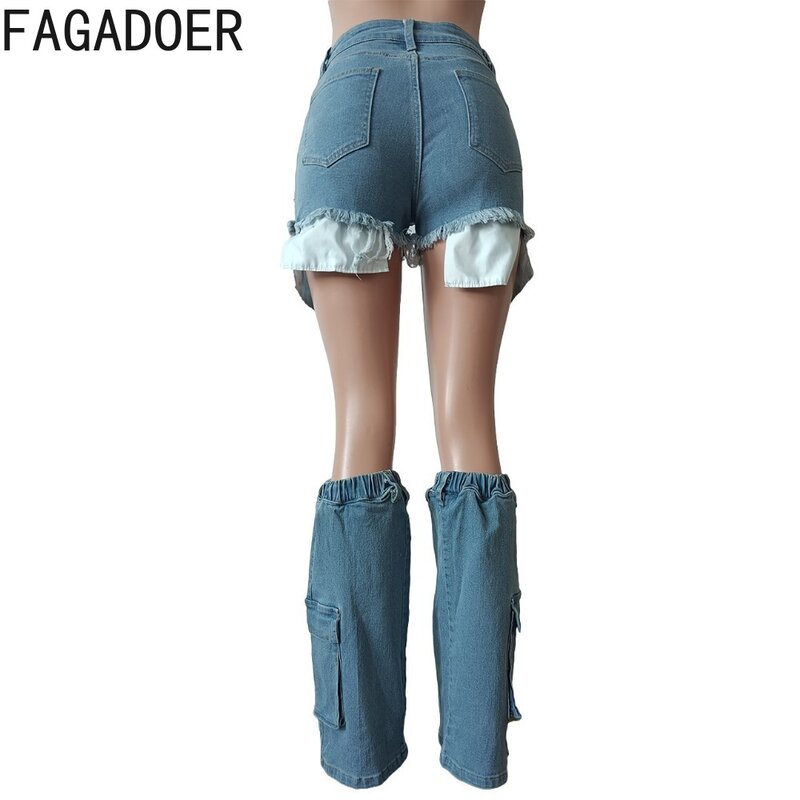 Модные женские джинсовые шорты FAGADOER Y2K с завышенной талией, на пуговицах, с карманами, узкие джинсы, женские однотонные ковбойские с накладными штанинами