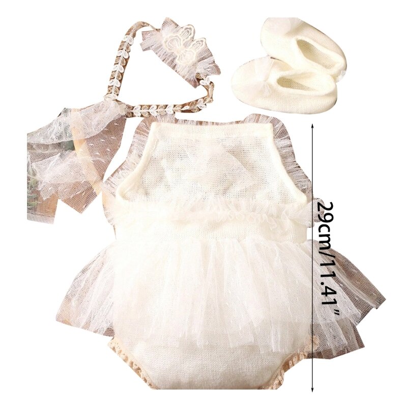 Комплект одежды для фотосъемки новорожденных, кружевной комбинезон с подходящей повязкой на голову и детской обувью, реквизит для фотосъемки, подарок для душа, полная луна