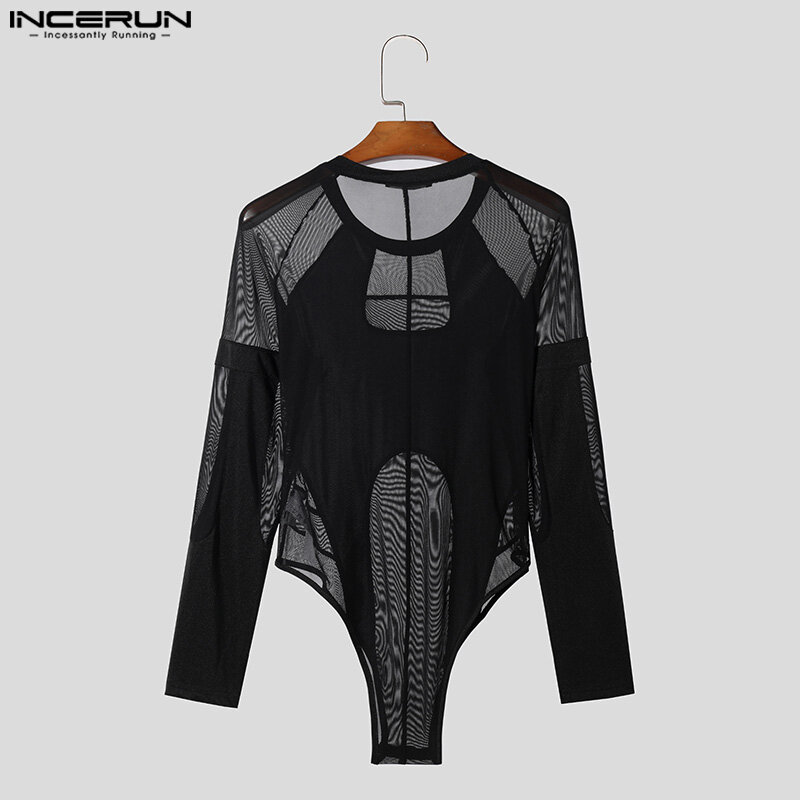 INCERUN 2024 Sexy Fashion Men's Homewear Jumpsuits Thin See-through Mesh Splicing Rompers Triangle Long Sleeved Bodysuits S-3XL