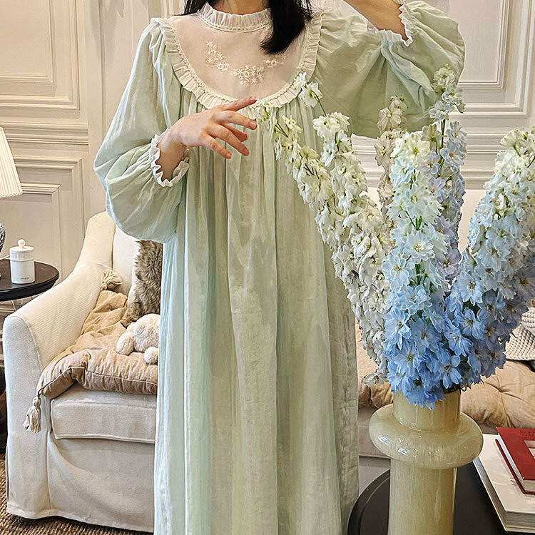 Francuski styl koszula nocna damska z długim rękawem wiosna jesień solidna koszula nocna damska marszczona księżniczka bielizna nocna dla kobiet 2024