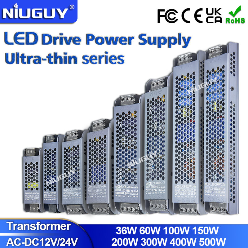Wysokiej jakości Ultra cienkie transformatory oświetleniowe LED DC 12V 24V zasilacz 60W 100W 150W 200W 300W 400W 500W LED sterownik konwerter