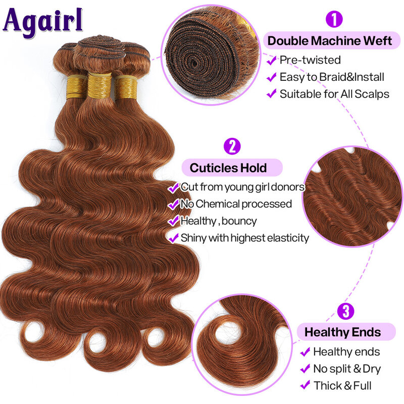 Mechones de cabello humano ondulado marrón jengibre con cierre, 28, 30 pulgadas, 100% Remy, paquete de tejido Frontal