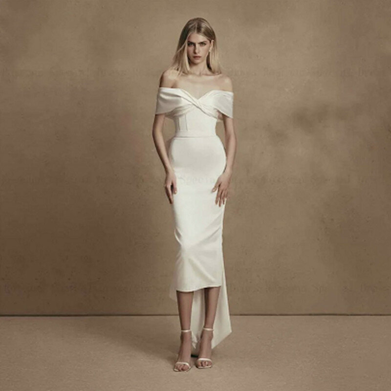 Gaun pernikahan putri duyung putih Satin simpel elegan bahu terbuka gaun pengantin pita punggung terbuka tanpa tali vestidos pertengahan betis