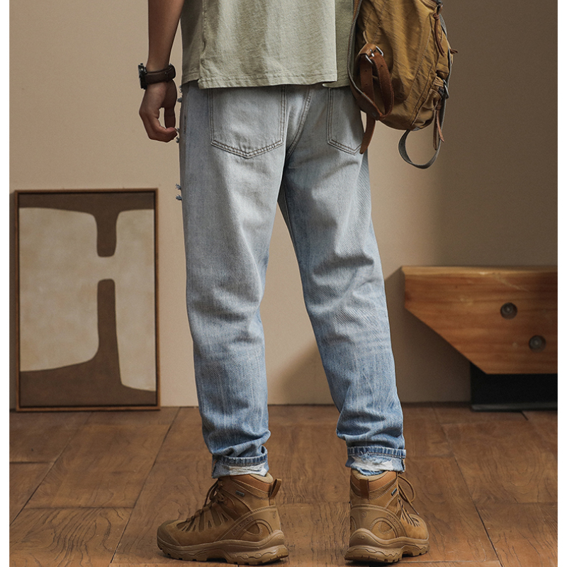 Jeans Harlan solto masculino, calça micro cone, cor gradiente, casual com tendência que combina com tudo, marca de moda, primavera e verão