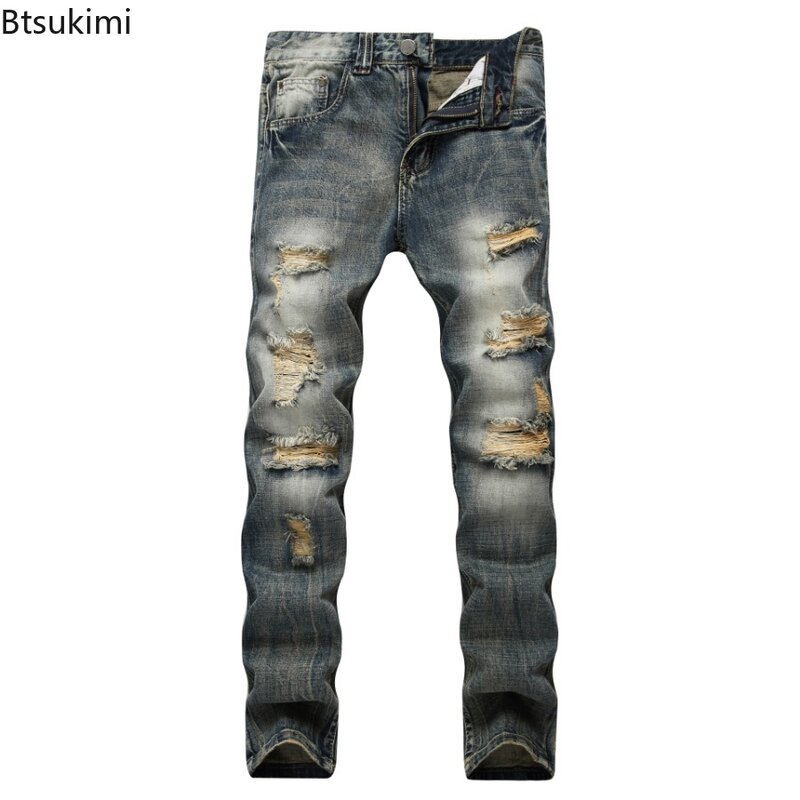 Новинка 2024, мужские повседневные джинсы, модные прямые брюки с дырками в стиле пэчворк, трендовая уличная одежда, мужские удобные универсальные облегающие джинсовые брюки