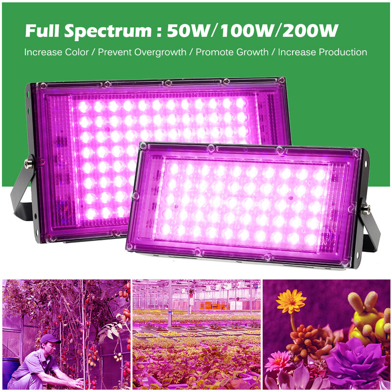 Фотолампа для растений, 220 В, водонепроницаемый фитоламп полного спектра для растений, 50 Вт/100 Вт/200 Вт, с подставкой для теплицы