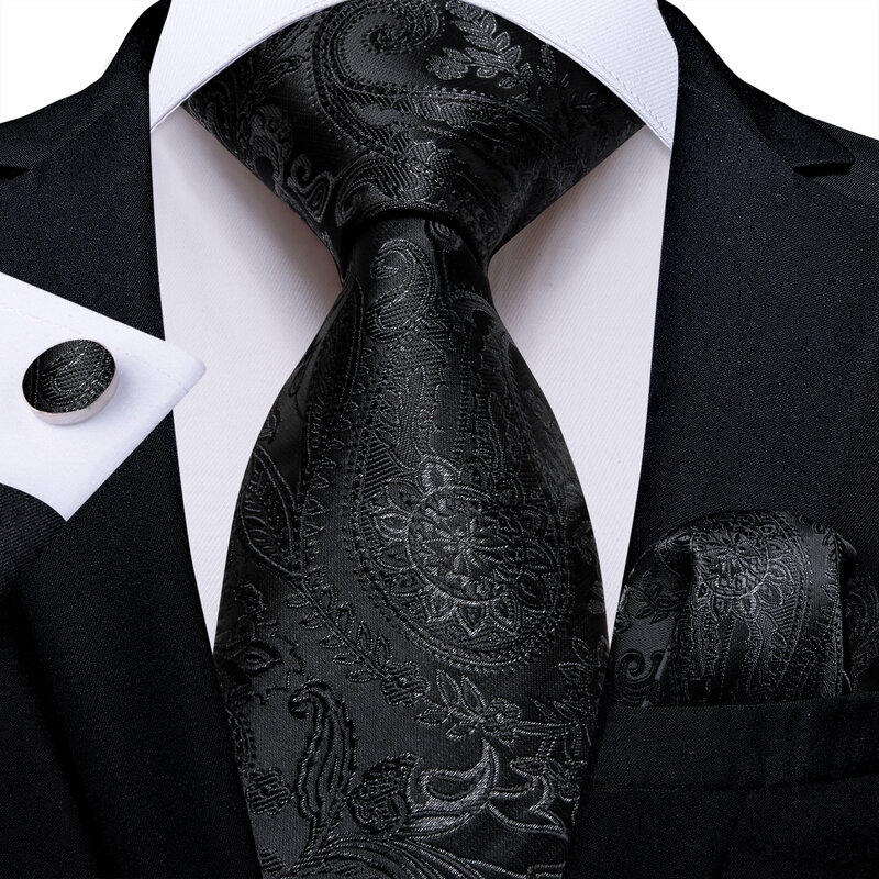 2022 New Classic Black Solid Paisley Silk Ties For Men Handkerchief Cufflinks Brooch Pin Wedding Accessories Men Gift Dropship
