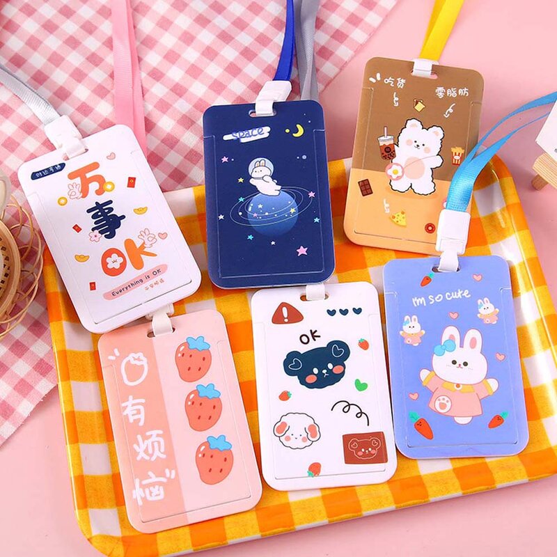 Cute Bank Credit Card Name Tags Sliding Cover Work Card ID Badge Holder Badge Case Card Protective Cover Card Holder with rope