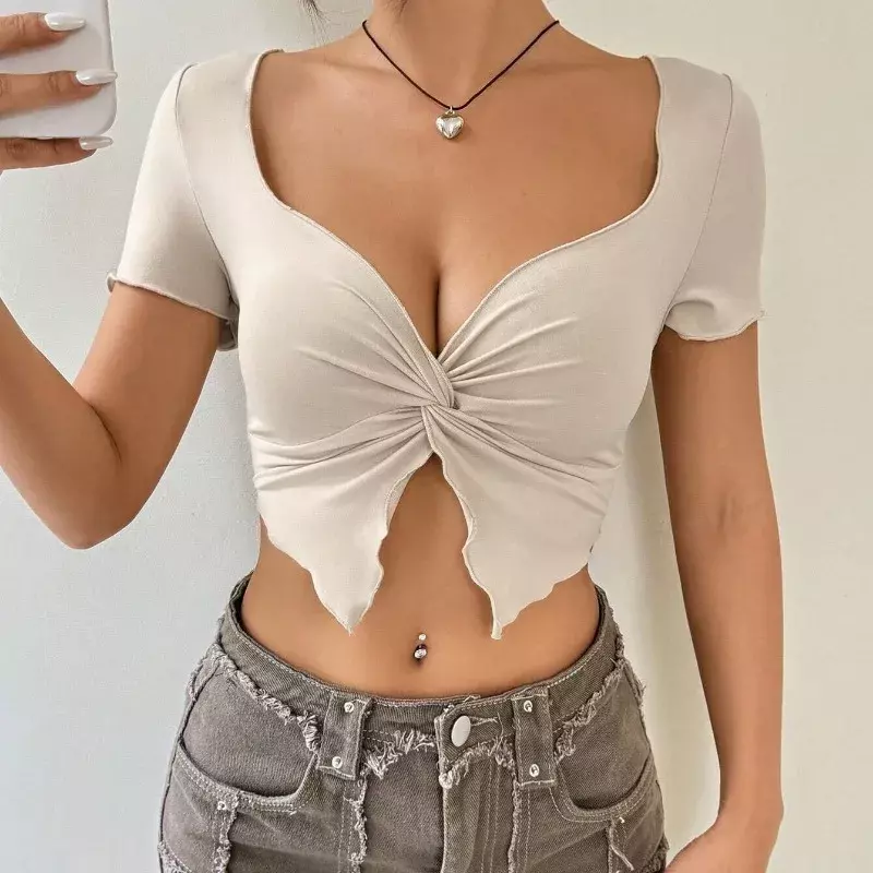 Ins New 2024 Korean Knitted Fabric Sexy Spicy Girl Design Sense Chest Twisted and Wrinkled Deep V Top T-shirts for Women YSQ38