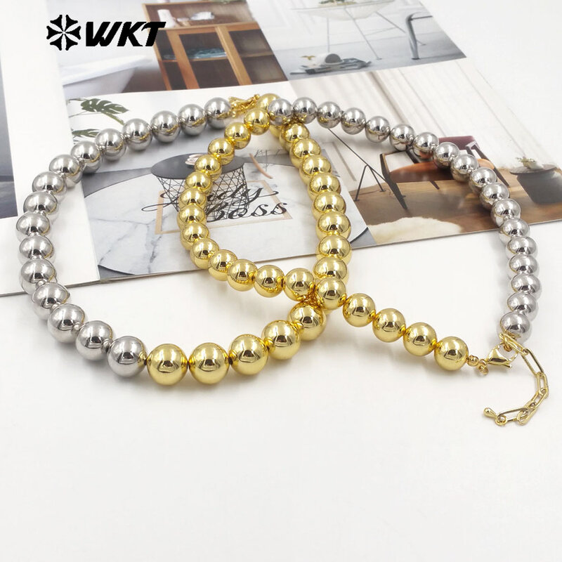 WT-JFN12 Wholesale Fashion 18k Real Gold Plated Double Color Mixsure Deisgn Unique Brass Ball Beads Necklace 10PCS