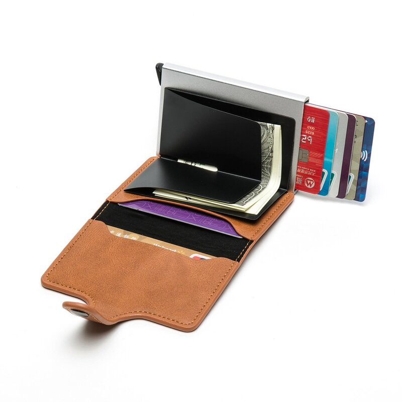 Dompet tempat kartu kredit serat karbon 2024, dompet hitam minimalis kotak kartu aluminium Anti Maling POP-UP kulit PU pria