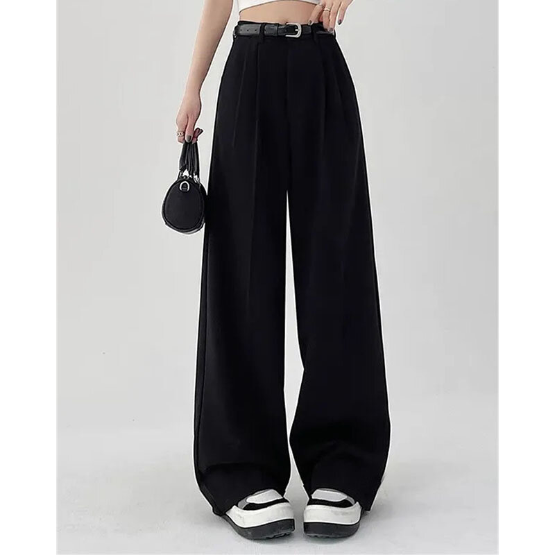 Spring Summer Leisure High Waisted Women Straight Cylinder Pant 2024 Korean Solid Color Female Wide Legged Floor Mopping Pants