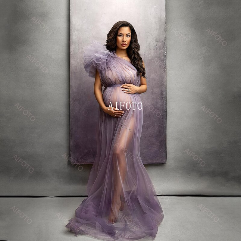 Vestido de maternidade de um ombro para mulheres grávidas, vestido sexy de tule, divisão alta, longo, ver através, malha babados, fotografia, Photoshoot