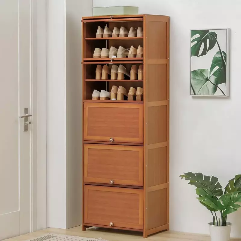 Zapatero alto de bambú, armario de almacenamiento de zapatos con puerta, estante de zapatillas de tacón alto independiente de 10 niveles para 26-30 pares, color marrón