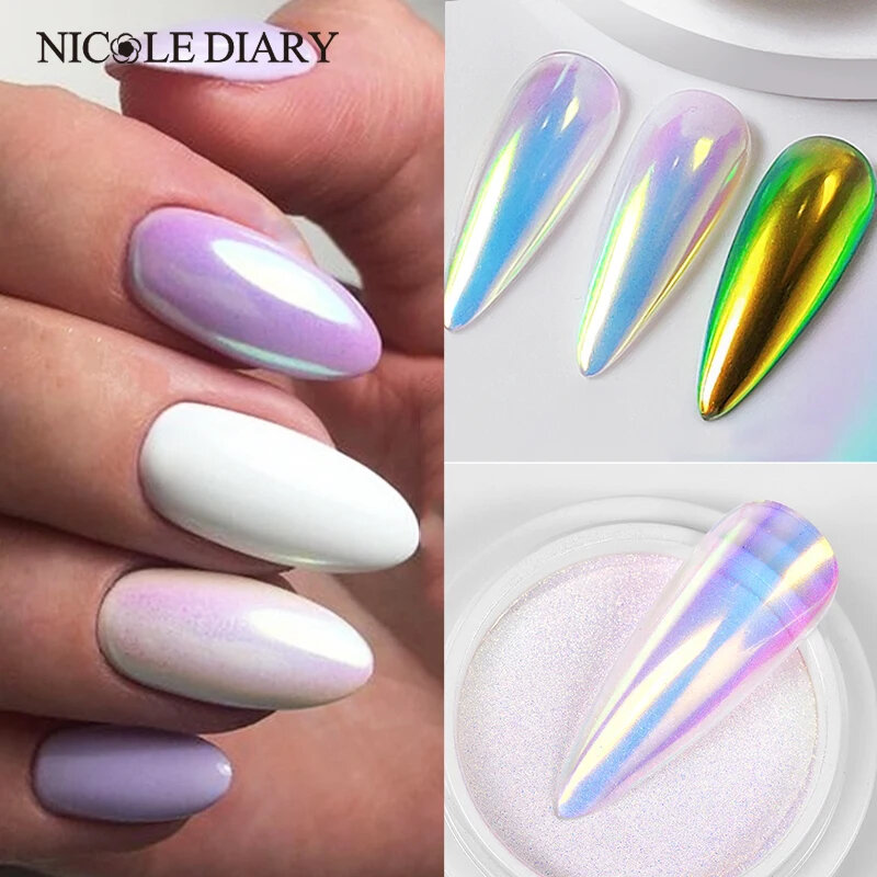 Nicole diário-aurora unha em pó, pigmento cromado, pérola, poeira, efeito espelho, glitter, manicure acessórios