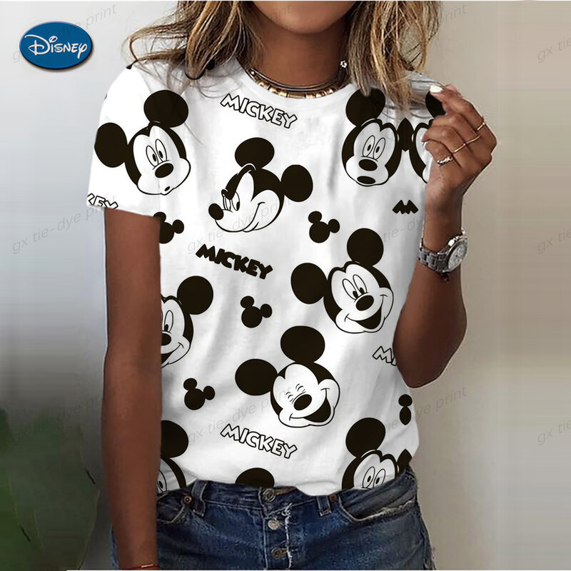 Disney-Camisetas femininas estampadas de Mickey Mouse, tops grandes, camisetas para meninas, estilo kawaii, tamanho infantil, moda, verão