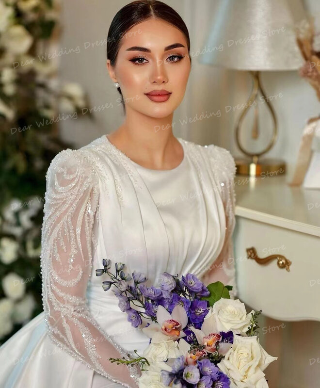 2024 Luxury Satin Wedding Dresses Women's Mermaid Sexy Glitter Formal Long Sleeve Muslim 2 in 1 Bridal Gowns Vestidos De Novia