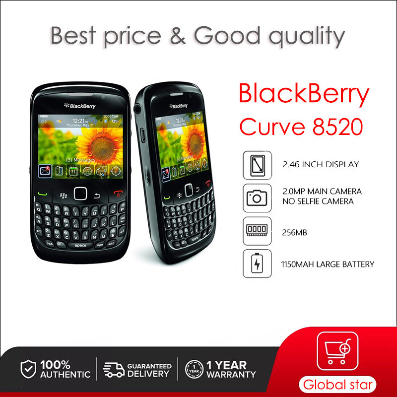 BlackBerry Curve 8520ตกแต่งใหม่ปลดล็อกโทรศัพท์มือถือ512MB 512MB RAM 5MP กล้อง Gratis Ongkir