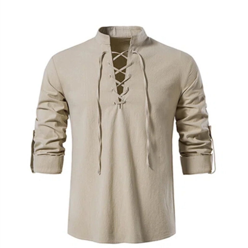 Рубашка мужская с V-образным вырезом, модная винтажная тонкая сорочка с длинным рукавом, Повседневная дышащая рубашка на шнуровке спереди, 2022
