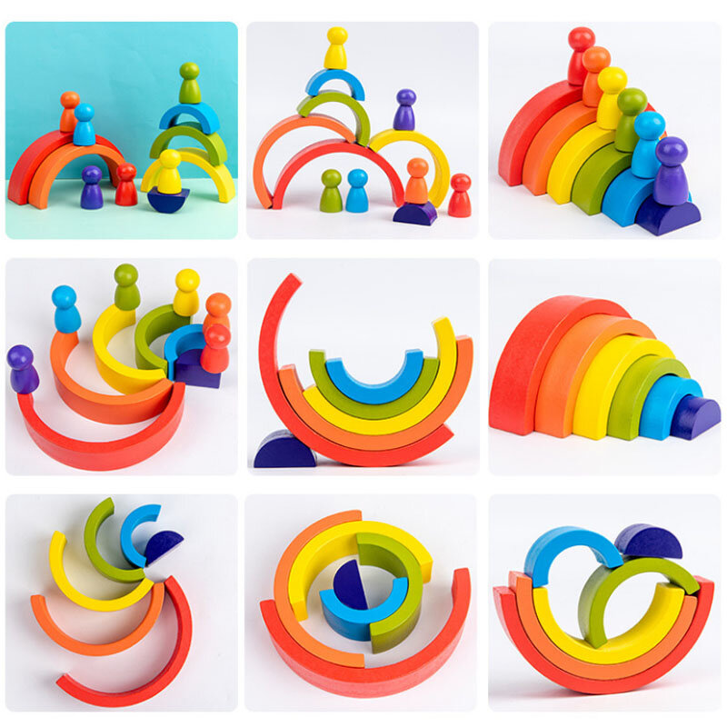Rainbow Montessori ของเล่นไม้สำหรับเด็กทารกบล็อก mainan balok ซ้อนทรงกลมก่อสร้างของเล่นเพื่อการเรียนรู้ของเด็ก