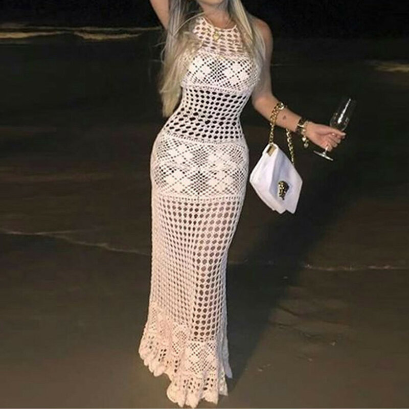 Vestido de Crochet para mujer, Túnica de punto ahuecada para playa, caftán Sexy, 2023