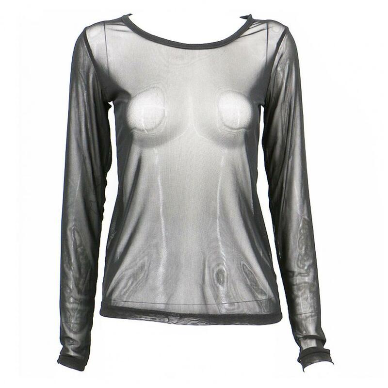 Soft Mesh Top Women Blouse Sheer Mesh Long Sleeve Top Breathable Round Neck Pullover Slim Tee Shirt Punk