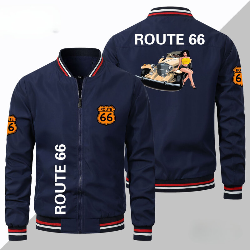 Jaqueta esportiva masculina na rota 66, uniforme de beisebol, jaqueta grande, uniforme de beisebol, logotipo de carro, moda, primavera e outono