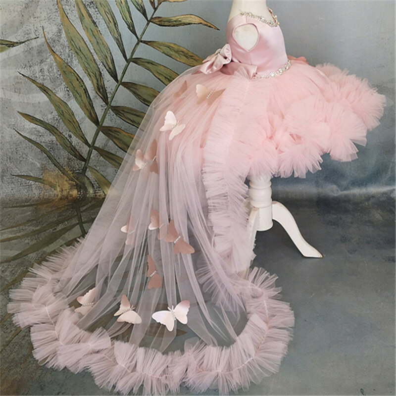 Blumen mädchen Kleider geschwollene Mädchen Kleid rosa Baby kleid mit Zug bogen niedlichen Kind Kind Geburtstags kleider Frist Kommunion