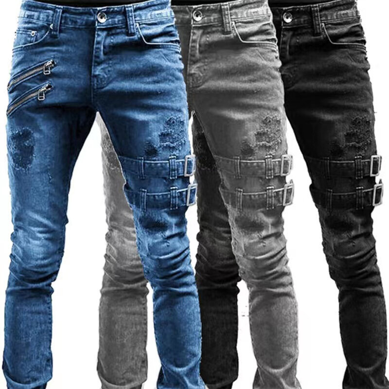 Байкерские прямые эластичные джинсы в стиле ретро, Мужская Уличная одежда на молнии с отверстиями, облегающие джинсовые брюки-карго в стиле панк, одежда Y2K